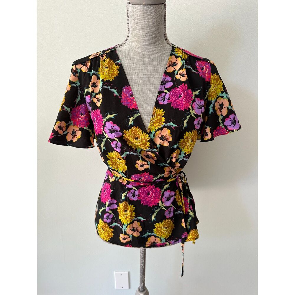TOPSHOP Floral Wrap Top Black Flutter Short Sleeve V-Neck Blouse Boho Size 6